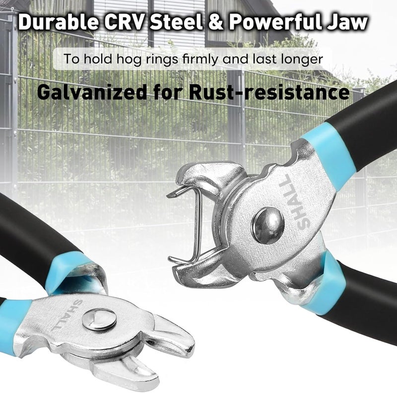 SHALL Hog Ring Pliers Kit with 600pcs Galvanized Hog Rings (3/8’’, 1/2’’, 3/4’’) for Upholstery, Fence, Animal Pet Cages, Bungee Cords, Bagging, Protective Gloves, Storage Case & Bag Included - Image 2
